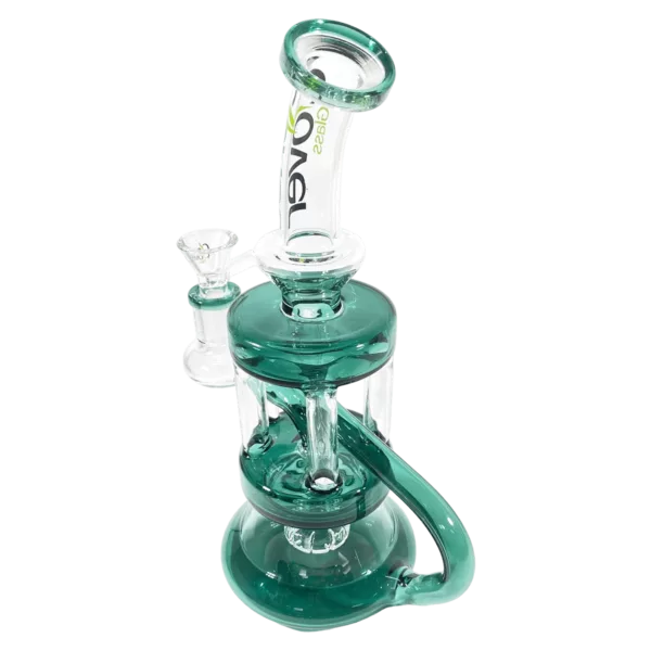 Glass water pipe with serpent design on base and matching stem. Tapered body, flared bowl, and small airflow hole.