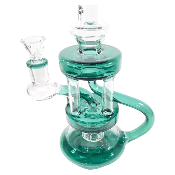 A glass bong with a curved shape and large, round base. Clear, blue, and green color scheme. Bowl with small percolator, long and curved stem, and large mouthpiece. Sitting on a small, round base with a circular hole.