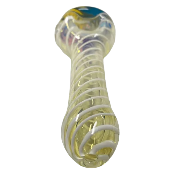 A clear glass pipe with a spiral design made of blue, yellow, and white. It has a small bowl and stem with a circular knob and hole. The knob and hole are surrounded by a series of circular rings.