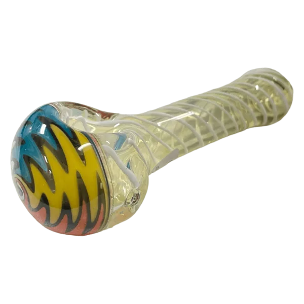 Glass pipe with yellow, blue, and red spiral design and wig wag finish. Clear green base and transparent stem. No markings.