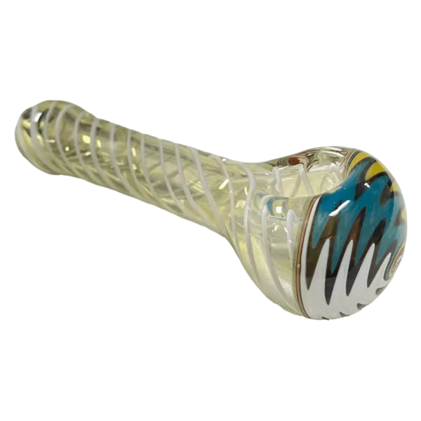 Blue & white striped spiral finish hand pipe with metallic body and small diameter bowl.