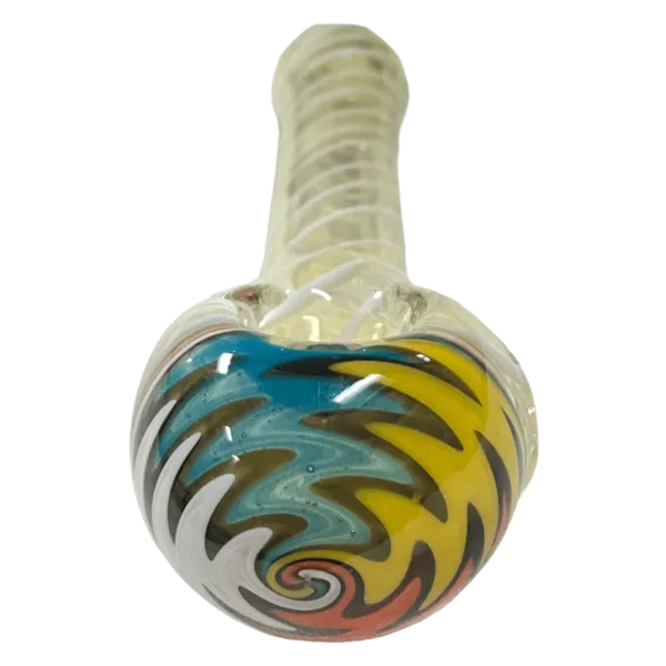 colorful, eye-catching glass pipe with a swirling design in shades of blue, yellow, and green. It has a small bowl and stem made of clear glass and a small knob on the end. The bowl has a small hole on the side.