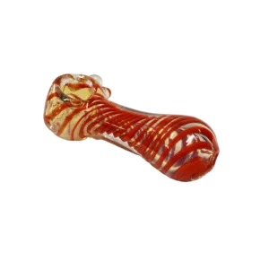 Red and white striped glass pipe with long, curved neck and small bowl. Sleek and modern design.