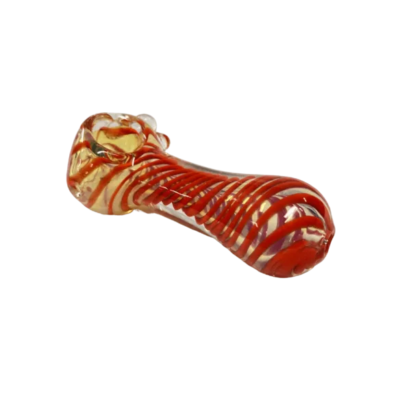 Red and white striped glass pipe with long, curved neck and small bowl. Sleek and modern design.