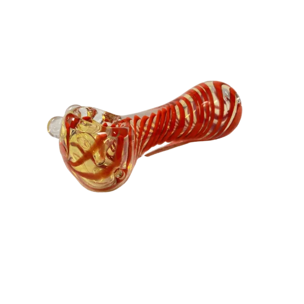 Small, red swirl glass water pipe with intricate design and opaque finish. Includes mouthpiece and round base.