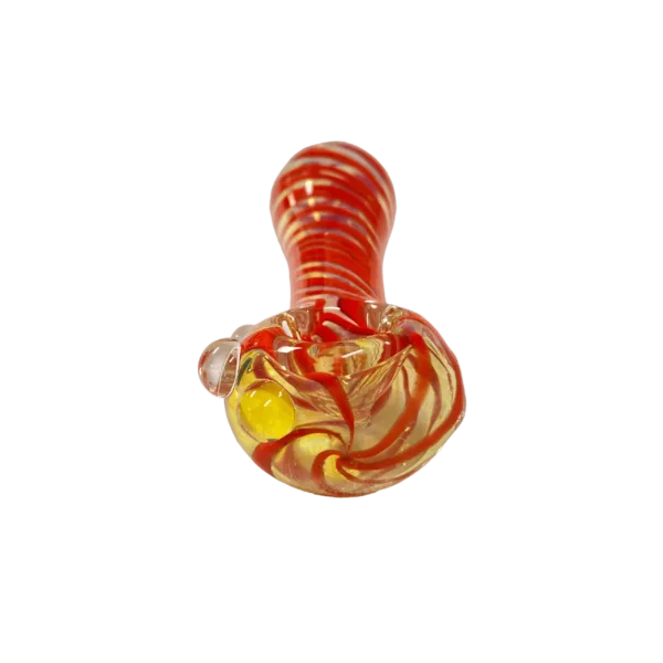 This clear glass pipe features a small hole at the end and a swirled design in shades of red and yellow. It is called Small Red Swirl Hp - CCWPF113.