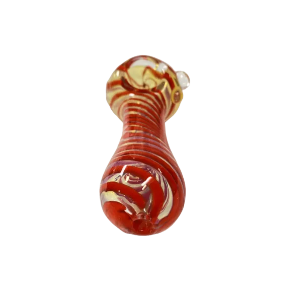 Bright, eye-catching red and white glass swirl HP with a glossy finish and a hole in the middle, listed on a smoking company website.