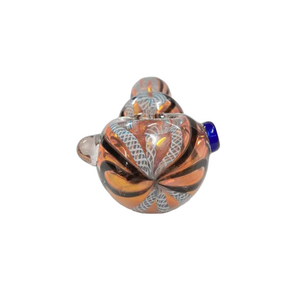 Hand-painted tiger pattern glass pipe with blue & white striped handle. Intricately designed colored glass creates the appearance of a tiger's face.