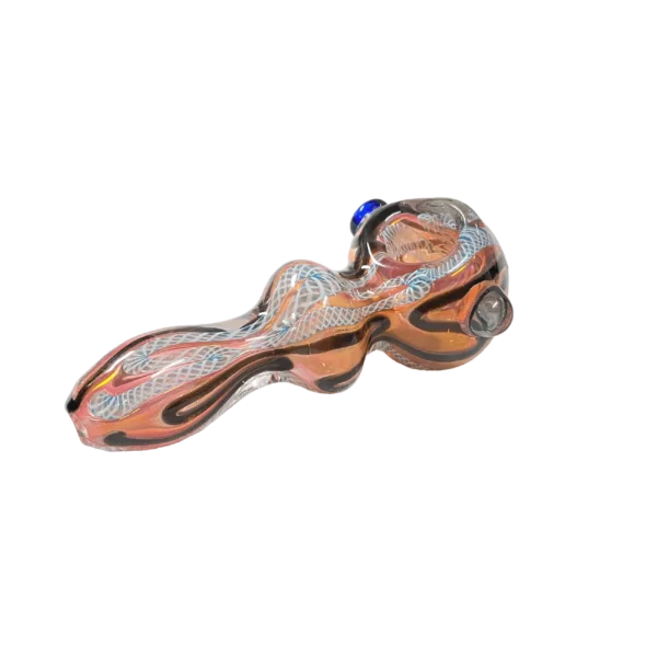 Unique, eye-catching front daisy choke hand pipe with yellow and blue abstract design.