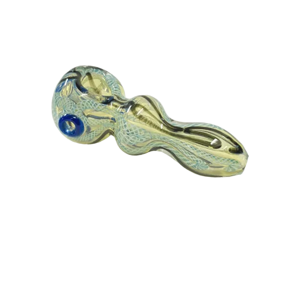 Modern and sleek glass bubbler with blue and gold accents and small silver and blue designs on top and bottom. Clear glass tube with circular designs at top and bottom. Silver base. CCWPF110.