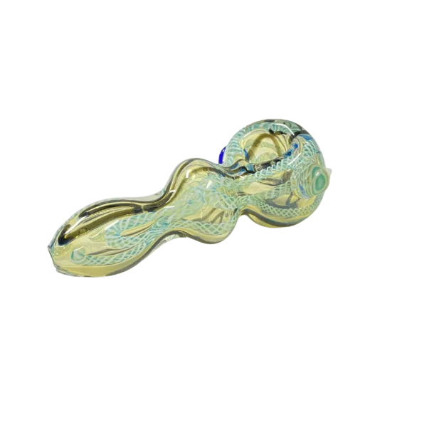 Golden pipe with blue and white floral design, clear mouthpiece, elongated curved neck, and small round bowl. No decorative or functional features on bowl.