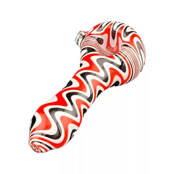 glass pipe with red, white, and black stripes and a black ring around the base.