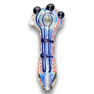 Blue, red, and white smoking pipe with clear base and red/blue designs on shaft, small white dots on base/shaft.