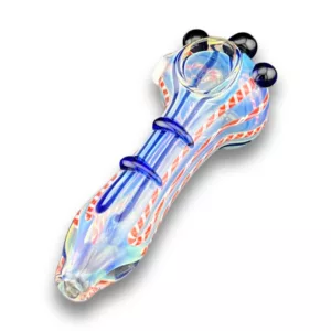Clear blue and red swirl glass water pipe with white accents and translucent white bowl.