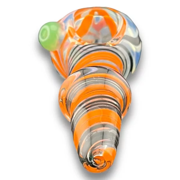 Colorful swirl glass pipe with clear base and orange/green neck.