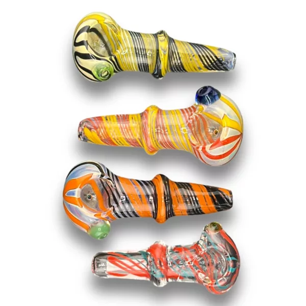 A vibrant and energetic collection of glass pipes in orange, yellow, green, and blue, featuring abstract and geometric designs.