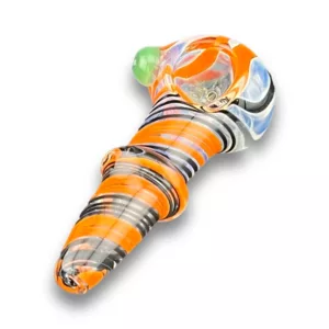 Handcrafted glass pipe with colorful stripes, round base, and small downstem - VS57.
