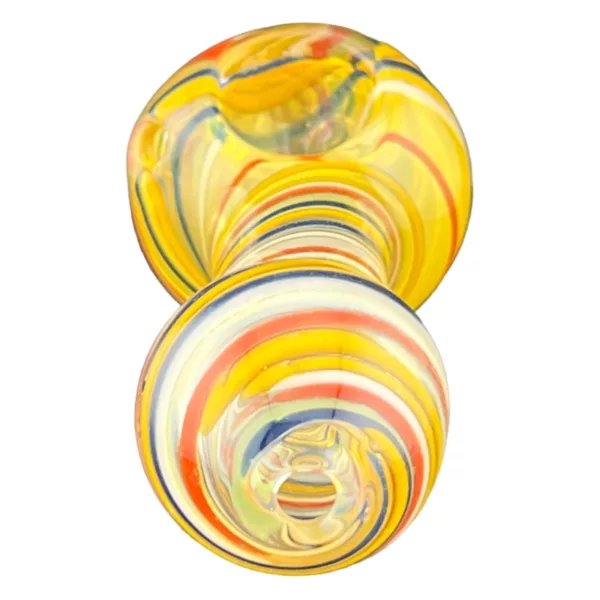 handcrafted glass pipe with a colorful, swirled pattern on the exterior.