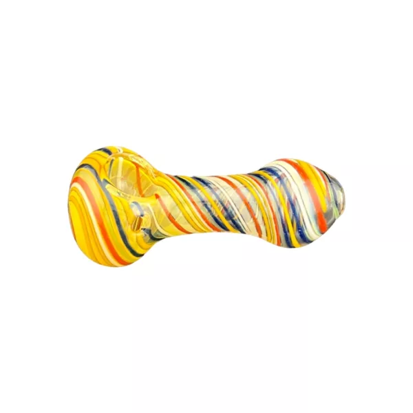 colorful glass pipe with yellow, blue, and white stripes.