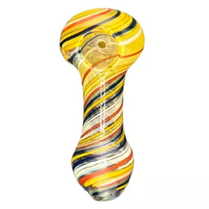 Long, colorful glass pipe with multi-colored stripes, small holes, and raised base.