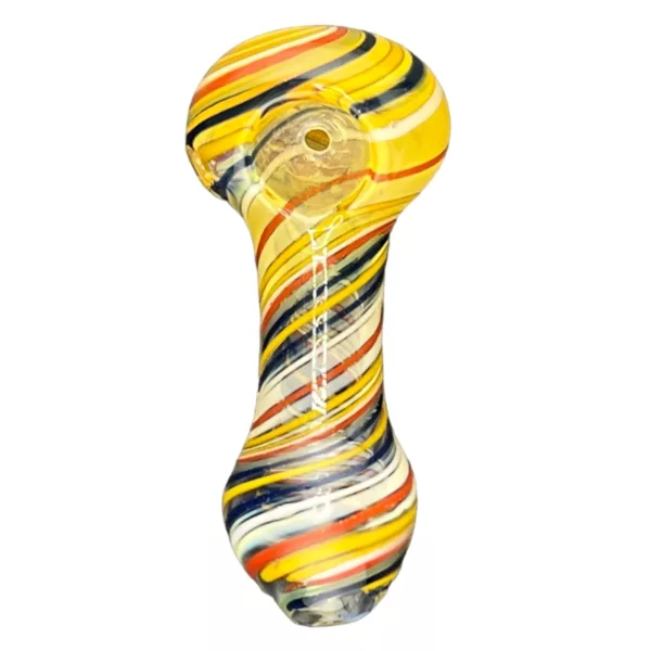Long, colorful glass pipe with multi-colored stripes, small holes, and raised base.