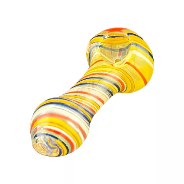 Glass pipe with yellow, blue, and red stripes, curved shape, bowl also striped. Long, curved stem with small knob. White background. Part VS18 for smoking company.