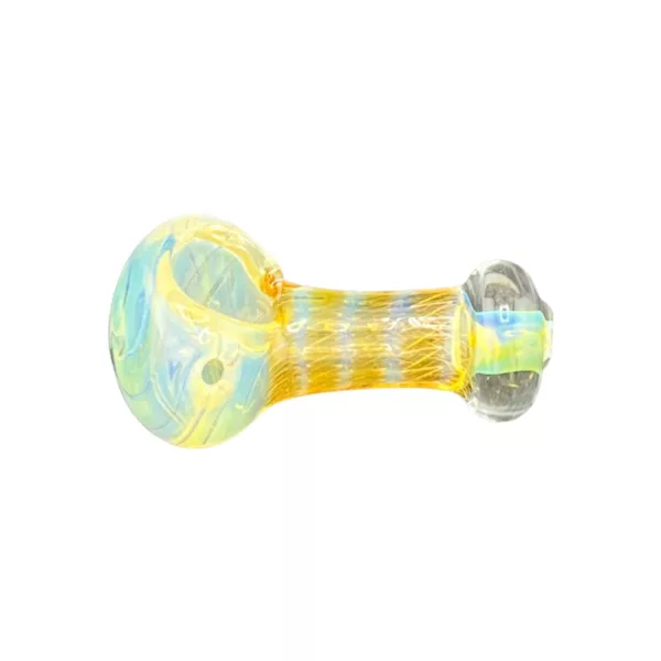 Glass pipe with blue and yellow swirl pattern, clear base, and small round bowl and stem. Connected by a transparent ring. White background.