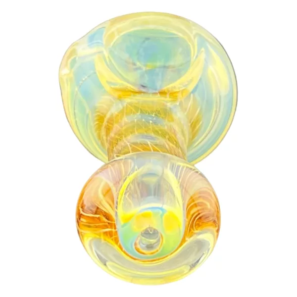 Glass dwarf with yellow and blue swirl design, small round body and head, sits on base with small hole. Smoke company product: Silver Dwarf HP - VSACHP61.