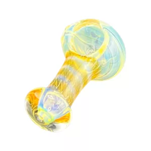 Handcrafted glass pipe with swirling blue and yellow design, thick glass, clear stem, and small bowl. Adds a touch of movement and fluidity to your smoking experience.