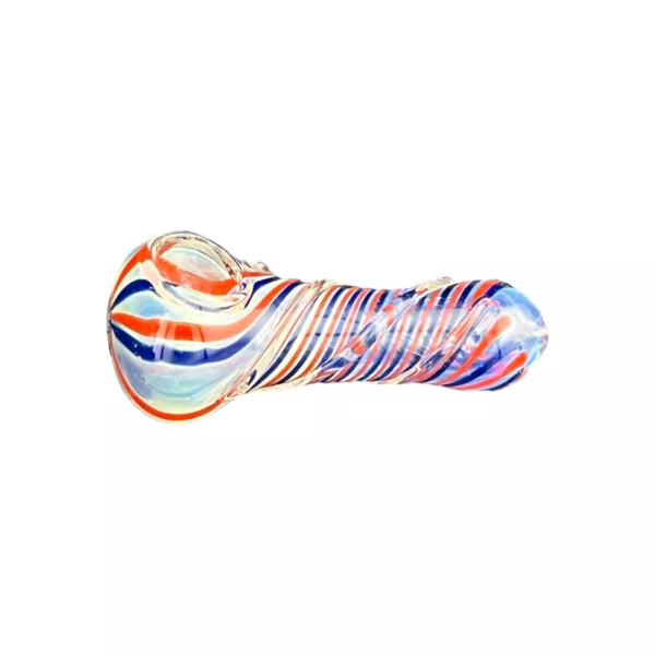 A colorful glass pipe with orange, blue, and white stripes.