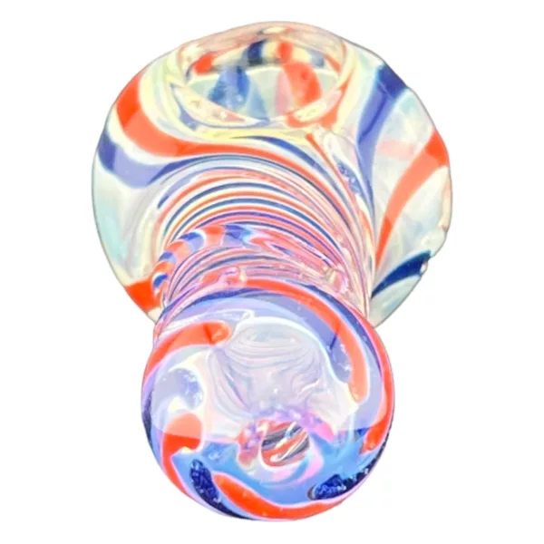Swirly, colorful glass pipe, curved shape, clear glass, unique design, white background.