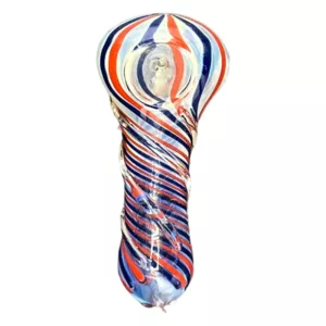 Handcrafted glass bong with red, white, and blue stripes and spiral design. Clear glass with small bubbles, white base and blue tips. White stem with red and blue swirl, clear bowl with similar pattern. RRR328.