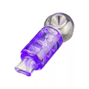 Clear glass pipe with purple handle and small bowl. Long, curved stem with clear knob and purple glass ring.
