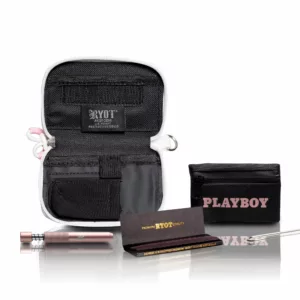 Playboy-branded case includes 2 silver lighters, pink USB drive, black pen, small black bag, and 2 silver keychains.