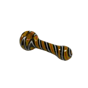 Handcrafted glass pipe with yellow, black, and white stripes. Round base, tapered neck, and small hole at end.