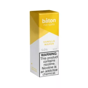 Baton Vanilla Wafers cigarettes have a yellow and white packaging design with a stylized bat logo and the words Vanilla Wafer in stylized text. The box is square with rounded corners and minimalist design.