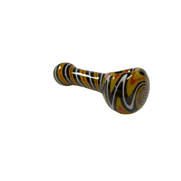Striped black, yellow, and white glass piece on transparent background.