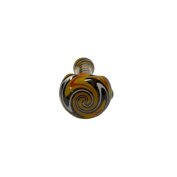 Decorative glass bead in swirl shape with black, white, and yellow colors, hanging from a chain. Made of glass.