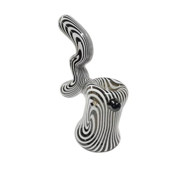 A black and white striped, twisted spiral design on a transparent surface.