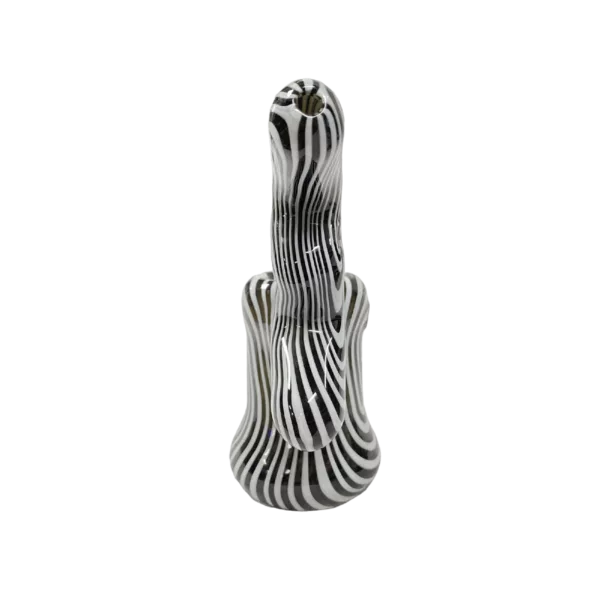 Modern, sleek zebra-patterned glass bubbler with silver mouthpiece and handle. Clear center with silver ring. Made of high-quality glass.