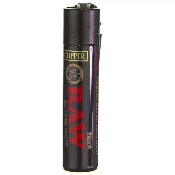 Black Raw Lighter - Clipper, with red 'Raw' text, for smoking enthusiasts.