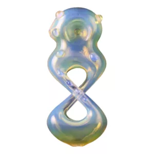 Shimmering, multicolored chameleon glass pipe with a fluid, changing pattern. Base is blue, purple, and green, fading into a rainbow at the mouthpiece.