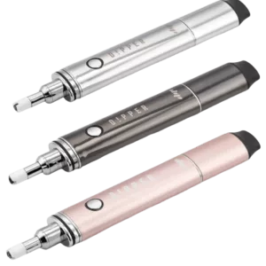 cylindrical vaporizer with a small chamber for liquid, available in close-up, side, and transparent views.