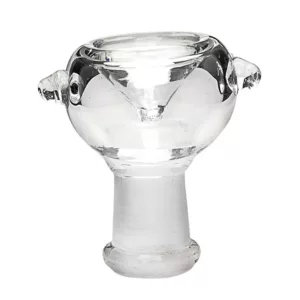 A small, round glass bowl with an intricate design of interconnected circles. It has a wide base and a slightly curved top with a raised center. Perfect for smoking.