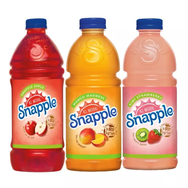 Three Snapple bottles (red, green, blue) with logo on front, no other objects in image.