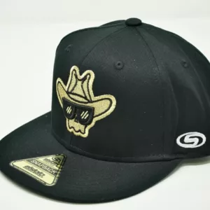 Black fitted cap with gold skull emblem on front, adjustable strap at back. 59FIFTY New Era Fitted Cap.