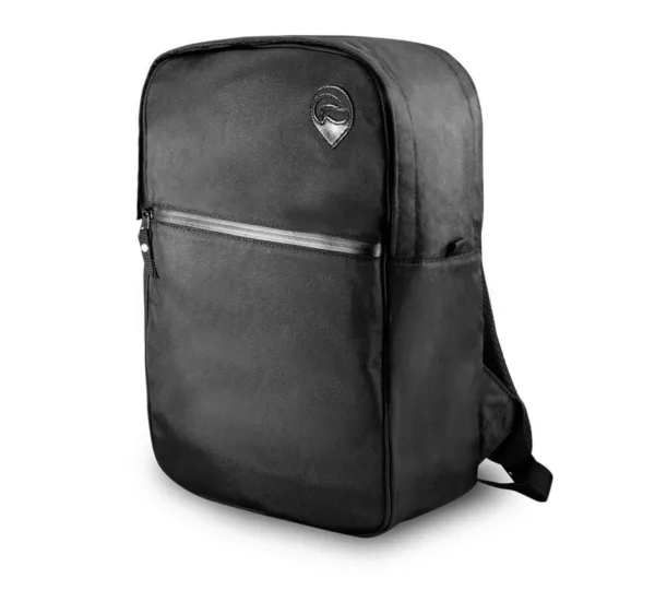 A black, glossy Urban Backpack (BPK) from Skunk with a zippered front pocket and side pockets, white logo, and flat bottom with Skunk written on it.