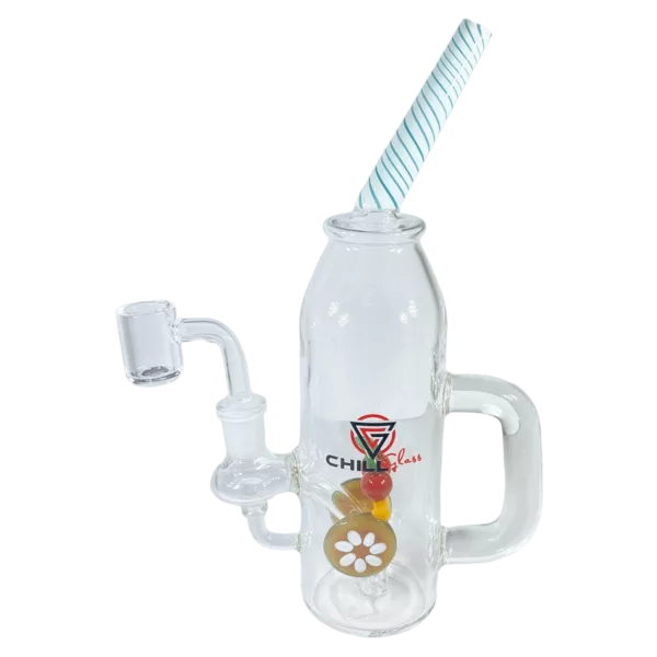 Clear glass beer stein with blue straw and white handle - perfect for sipping Cherry Soda.