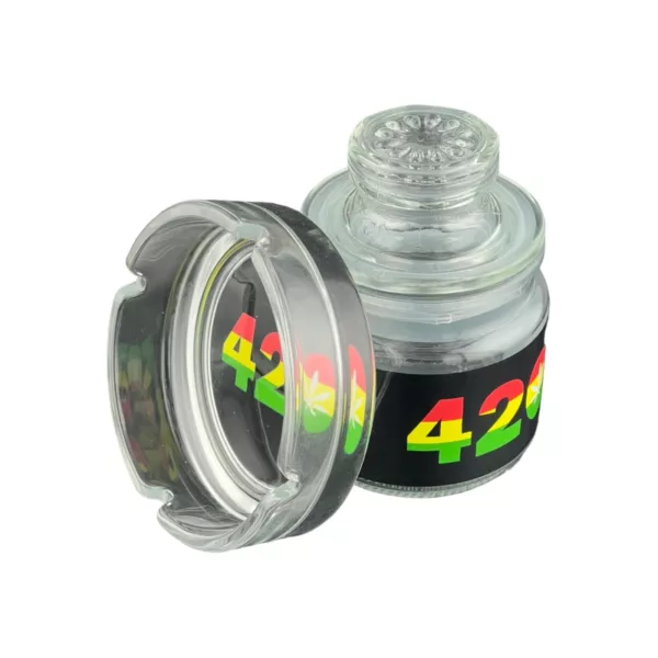 Glass jar with colorful design and lid with small hole, part of 420 Jar & Ashtray Set.