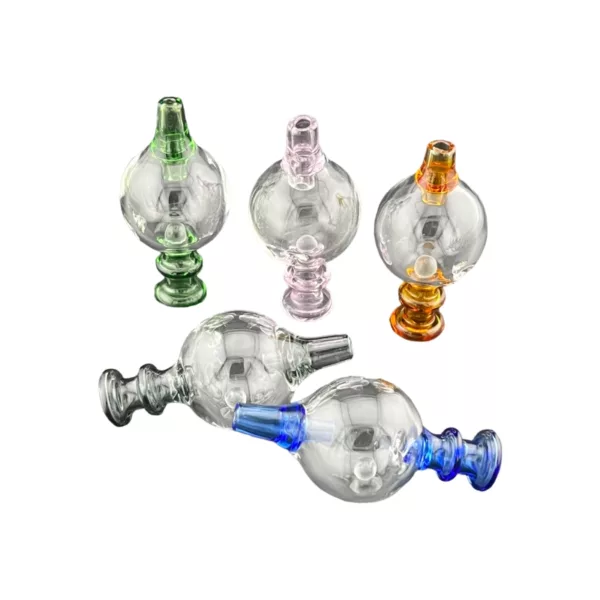 Clear bead with colored pattern, small bubbles on glass pipe, long with small bowl and bird-shaped hole.